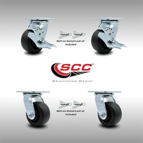 Service Caster 4 Inch SS Polyolefin Caster Set with Roller Bearings 4 Swivel Lock 2 Brake SCC SCC-SS30S420-POR-TLB-BSL-2-BSL-2 - main